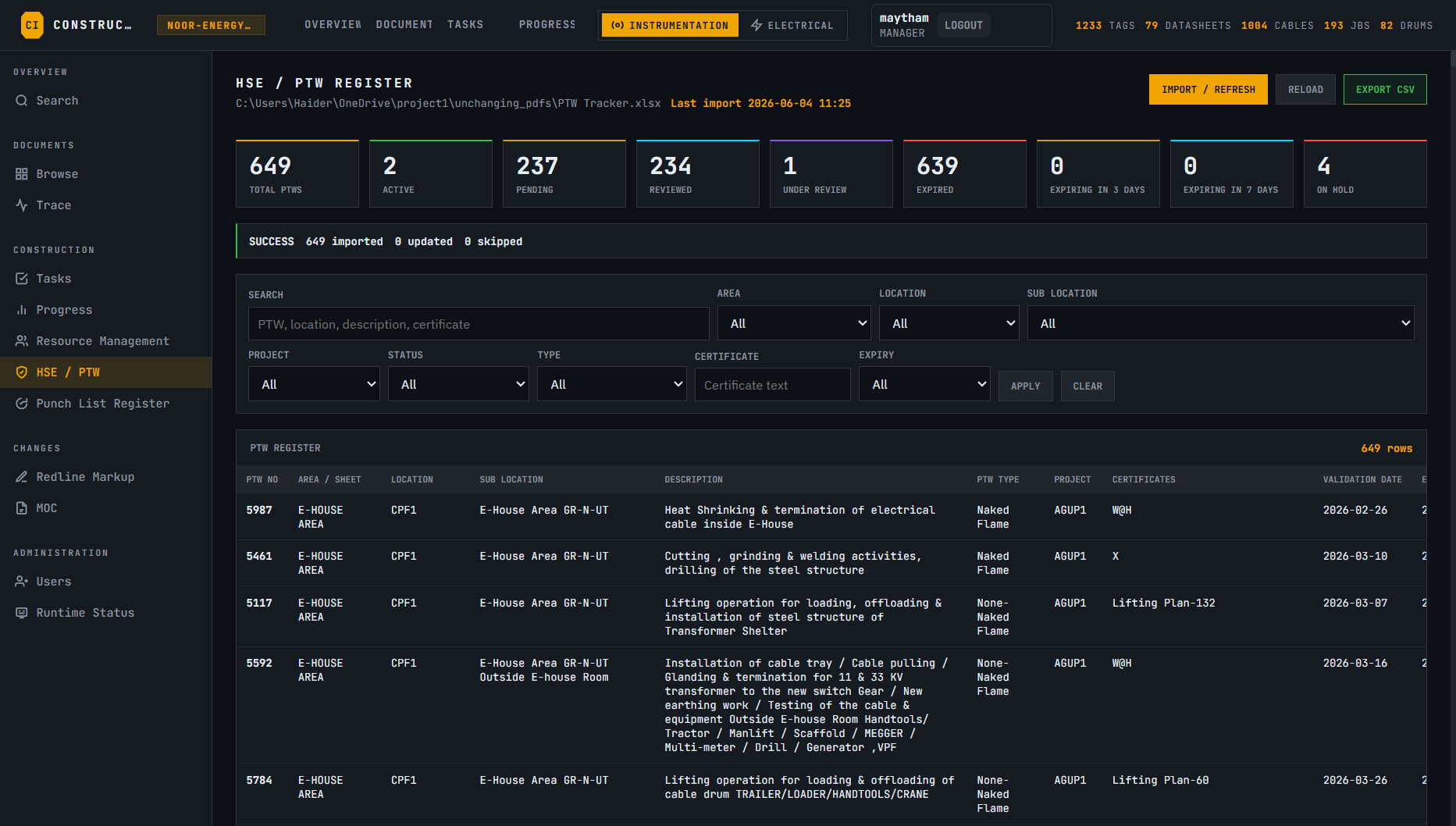 ConstructIQ construction control interface